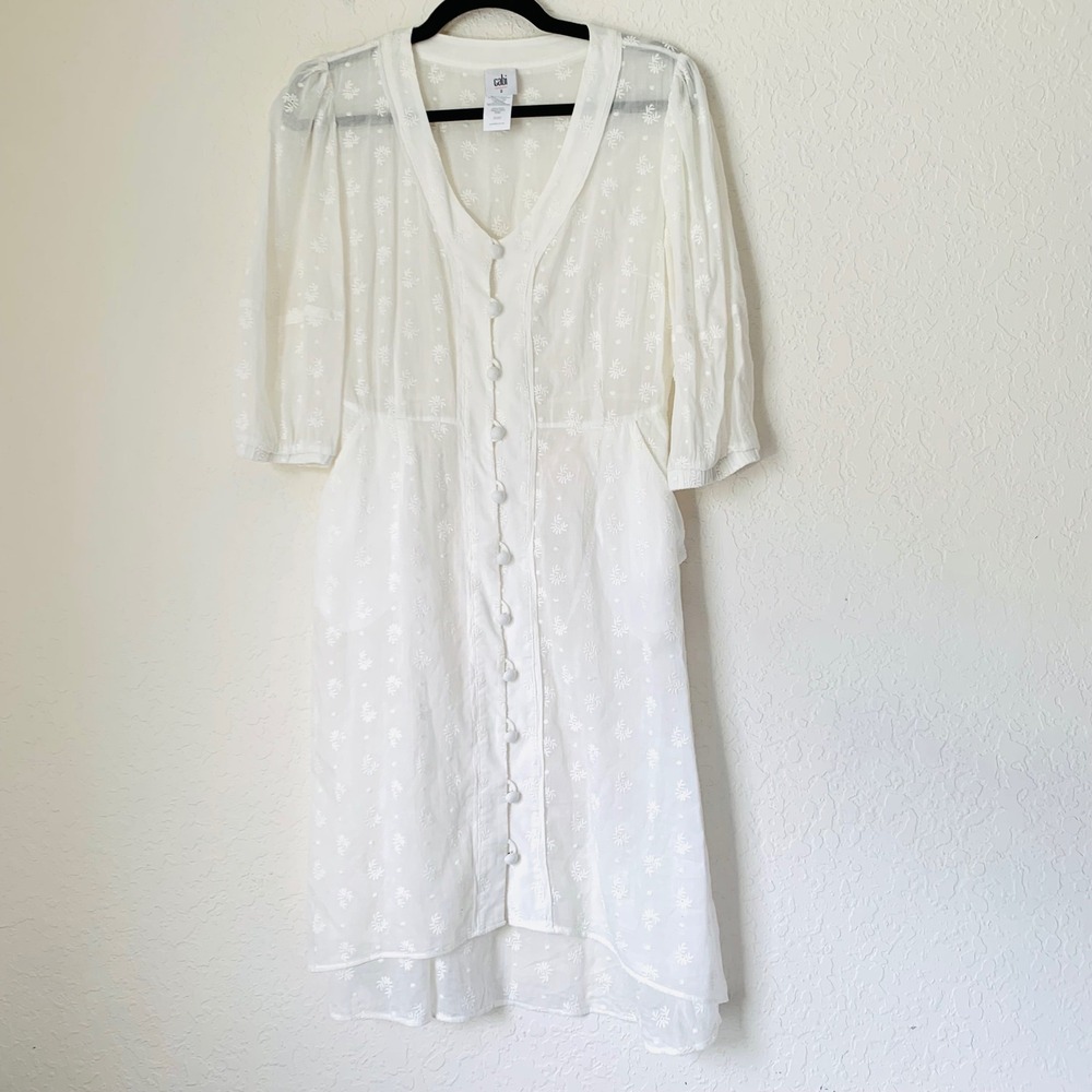 Cabi  Midsummer Dress 2 White Floral Embroidered Button Coastal Cottagecore 5943